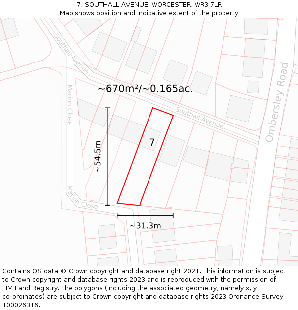 7, SOUTHALL AVENUE, WORCESTER, WR3 7LR: Plot and title map