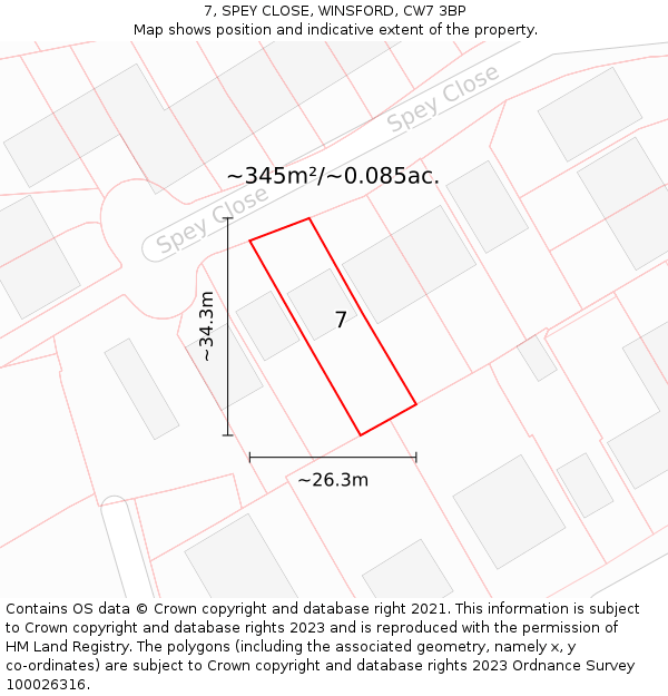 7, SPEY CLOSE, WINSFORD, CW7 3BP: Plot and title map