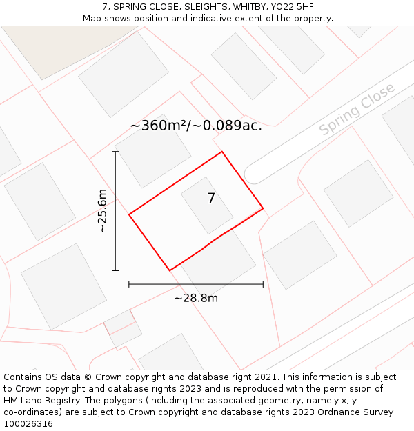 7, SPRING CLOSE, SLEIGHTS, WHITBY, YO22 5HF: Plot and title map