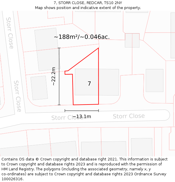 7, STORR CLOSE, REDCAR, TS10 2NY: Plot and title map