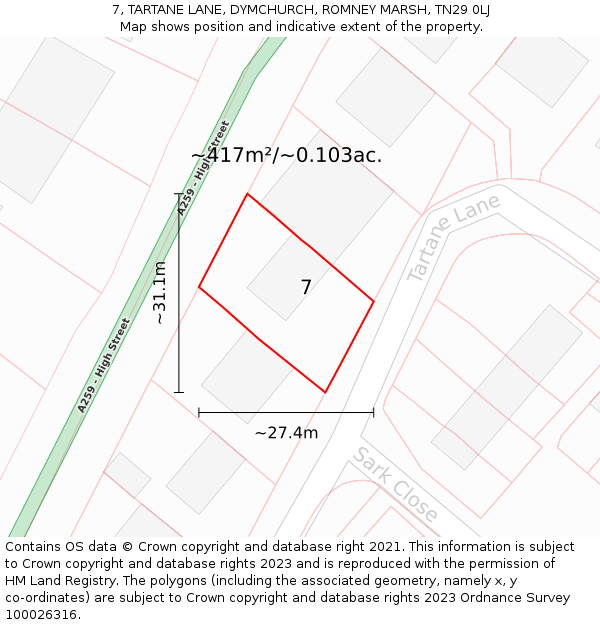 7, TARTANE LANE, DYMCHURCH, ROMNEY MARSH, TN29 0LJ: Plot and title map