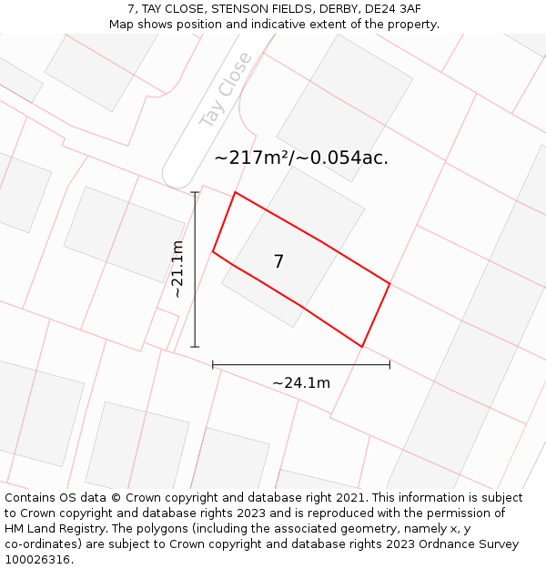 7, TAY CLOSE, STENSON FIELDS, DERBY, DE24 3AF: Plot and title map