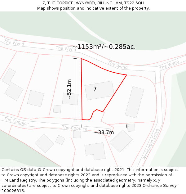 7, THE COPPICE, WYNYARD, BILLINGHAM, TS22 5QH: Plot and title map