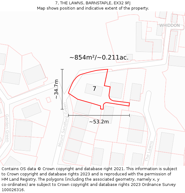 7, THE LAWNS, BARNSTAPLE, EX32 9FJ: Plot and title map