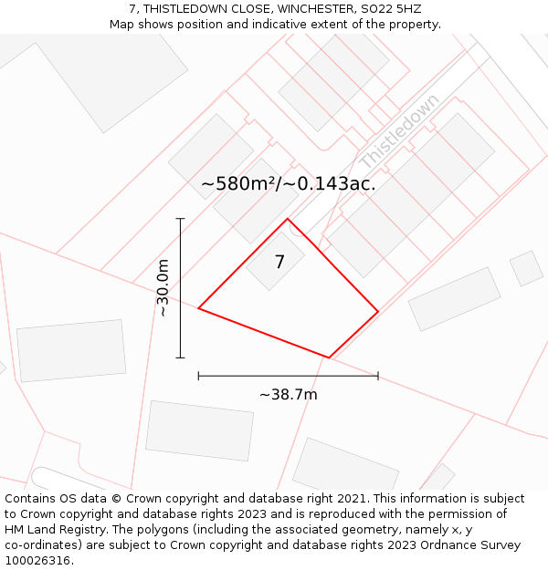 7, THISTLEDOWN CLOSE, WINCHESTER, SO22 5HZ: Plot and title map