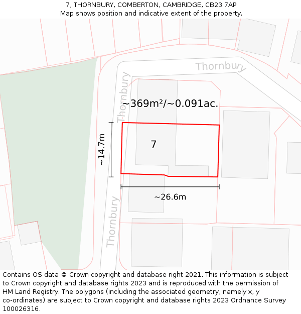 7, THORNBURY, COMBERTON, CAMBRIDGE, CB23 7AP: Plot and title map