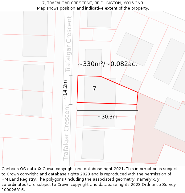 7, TRAFALGAR CRESCENT, BRIDLINGTON, YO15 3NR: Plot and title map