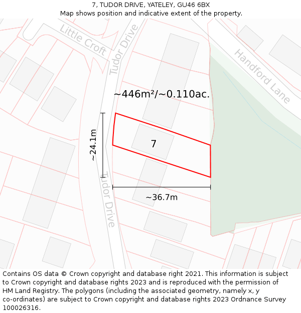 7, TUDOR DRIVE, YATELEY, GU46 6BX: Plot and title map