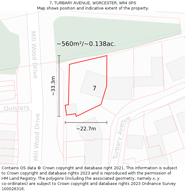 7, TURBARY AVENUE, WORCESTER, WR4 0PS: Plot and title map