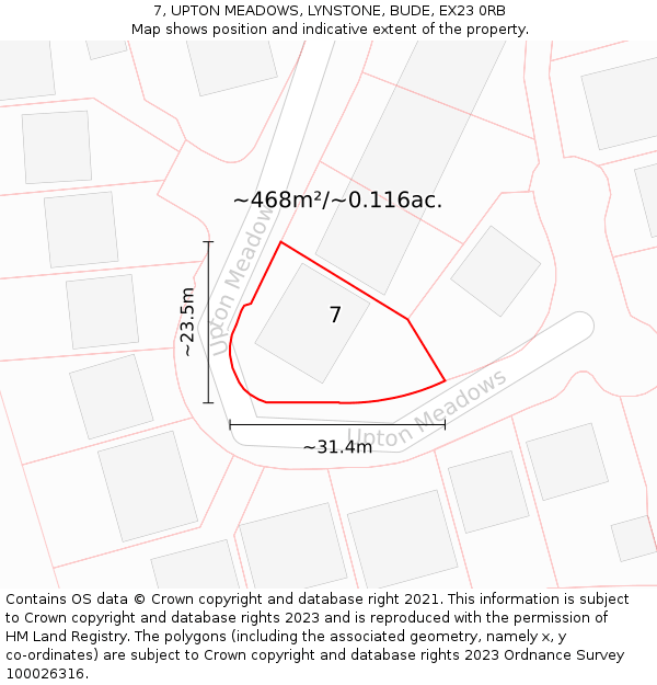 7, UPTON MEADOWS, LYNSTONE, BUDE, EX23 0RB: Plot and title map