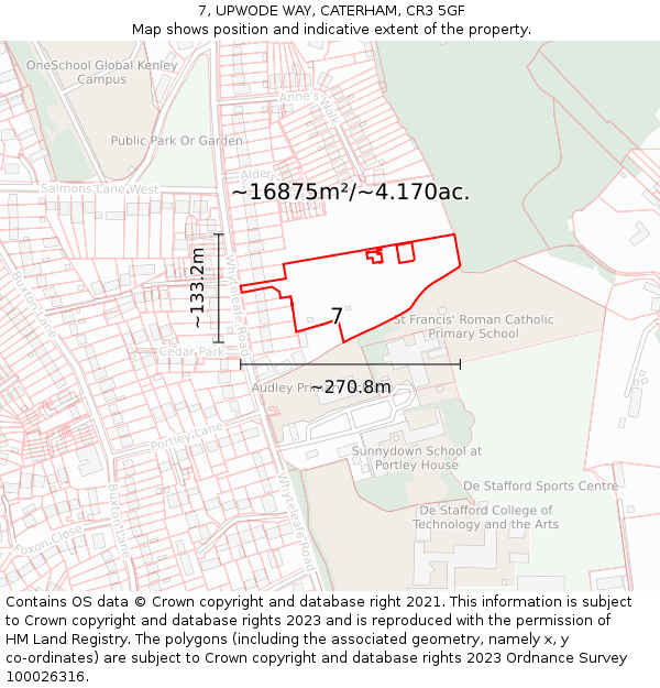 7, UPWODE WAY, CATERHAM, CR3 5GF: Plot and title map