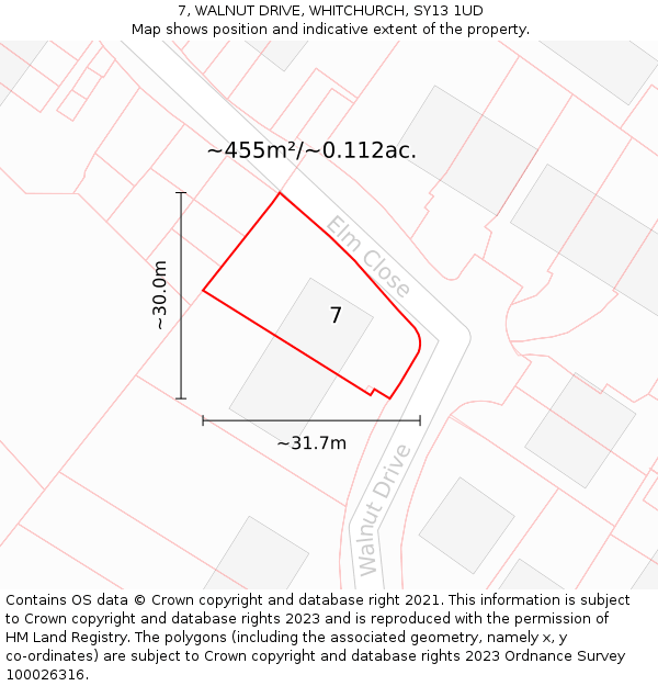 7, WALNUT DRIVE, WHITCHURCH, SY13 1UD: Plot and title map