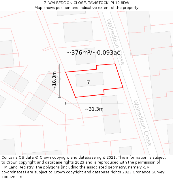 7, WALREDDON CLOSE, TAVISTOCK, PL19 8DW: Plot and title map