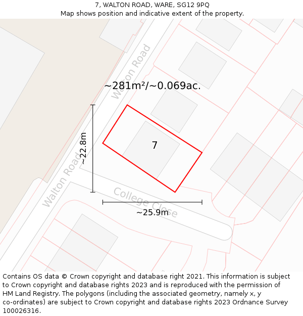 7, WALTON ROAD, WARE, SG12 9PQ: Plot and title map