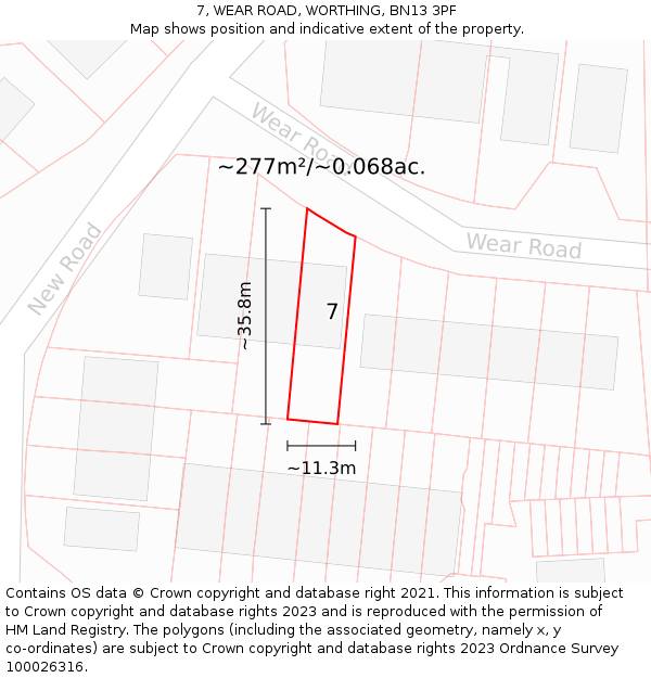 7, WEAR ROAD, WORTHING, BN13 3PF: Plot and title map