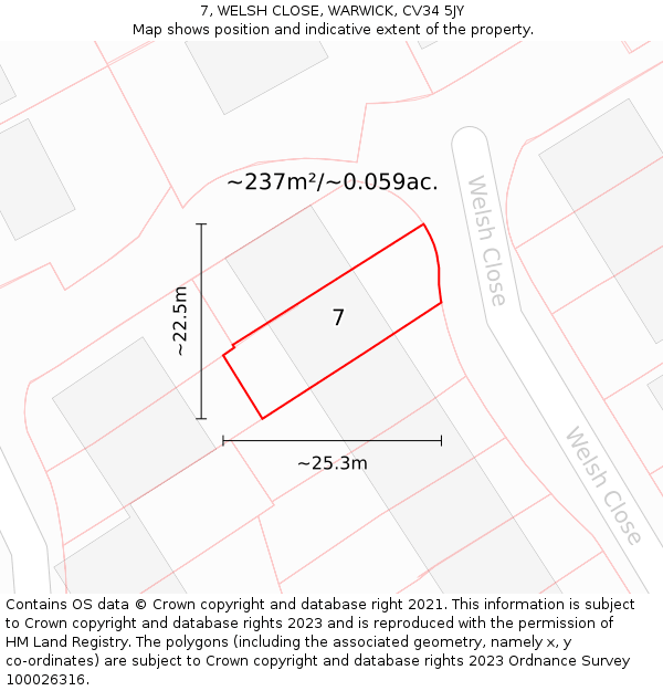 7, WELSH CLOSE, WARWICK, CV34 5JY: Plot and title map