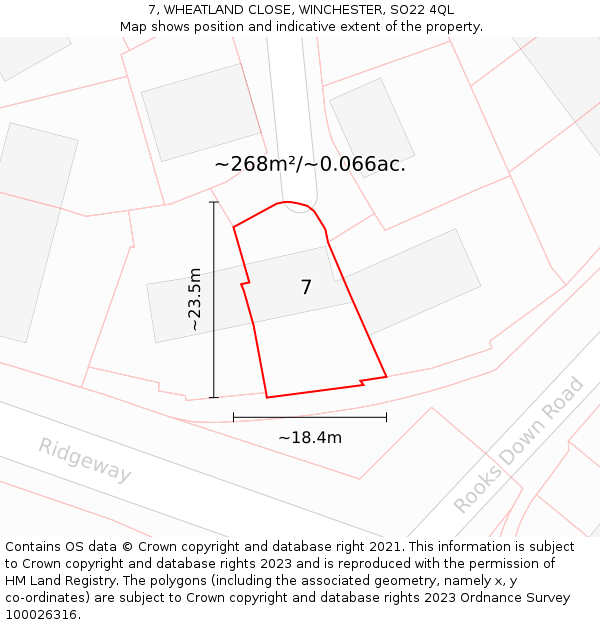 7, WHEATLAND CLOSE, WINCHESTER, SO22 4QL: Plot and title map