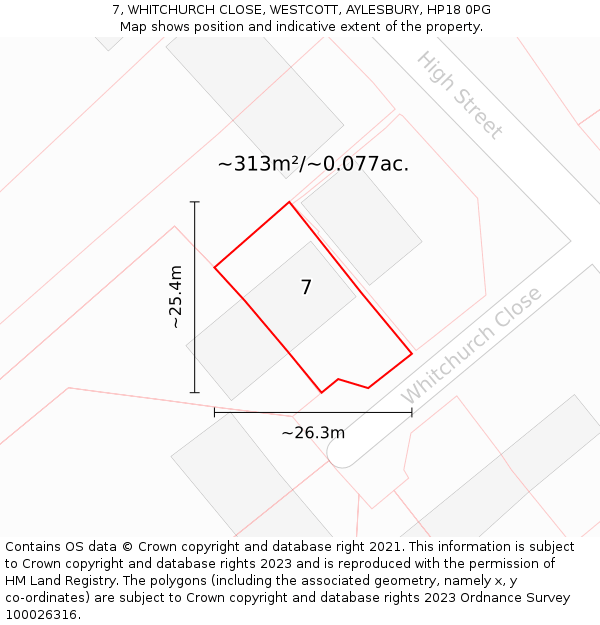 7, WHITCHURCH CLOSE, WESTCOTT, AYLESBURY, HP18 0PG: Plot and title map