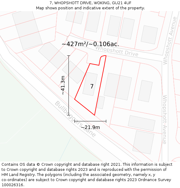 7, WHOPSHOTT DRIVE, WOKING, GU21 4UF: Plot and title map