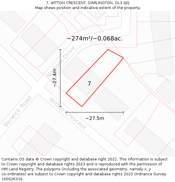 7, WITTON CRESCENT, DARLINGTON, DL3 0JQ: Plot and title map