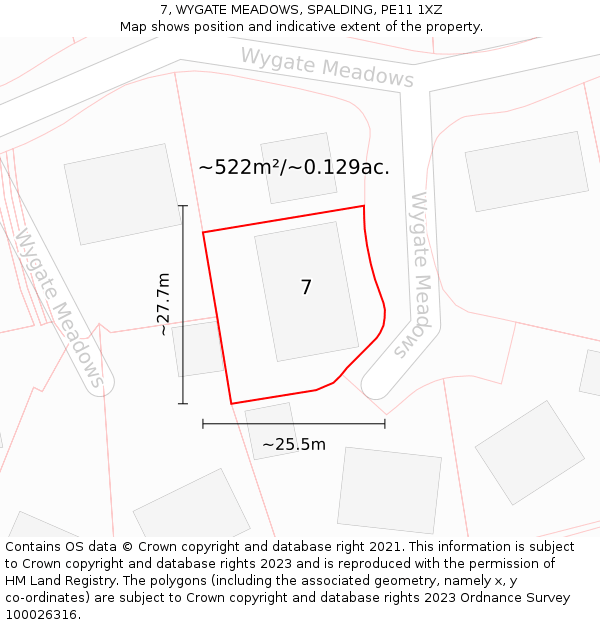 7, WYGATE MEADOWS, SPALDING, PE11 1XZ: Plot and title map