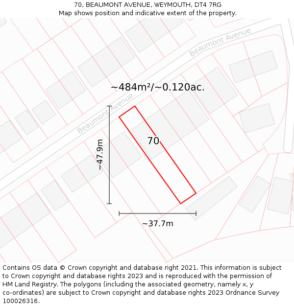 70, BEAUMONT AVENUE, WEYMOUTH, DT4 7RG: Plot and title map