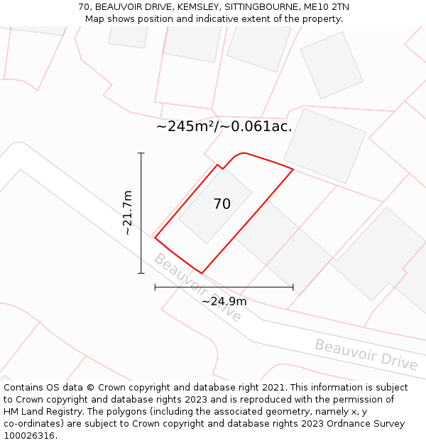 70, BEAUVOIR DRIVE, KEMSLEY, SITTINGBOURNE, ME10 2TN: Plot and title map