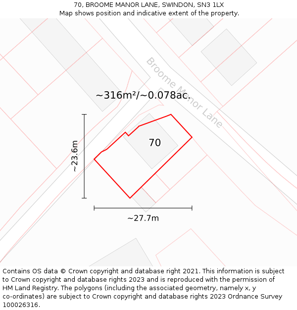 70, BROOME MANOR LANE, SWINDON, SN3 1LX: Plot and title map