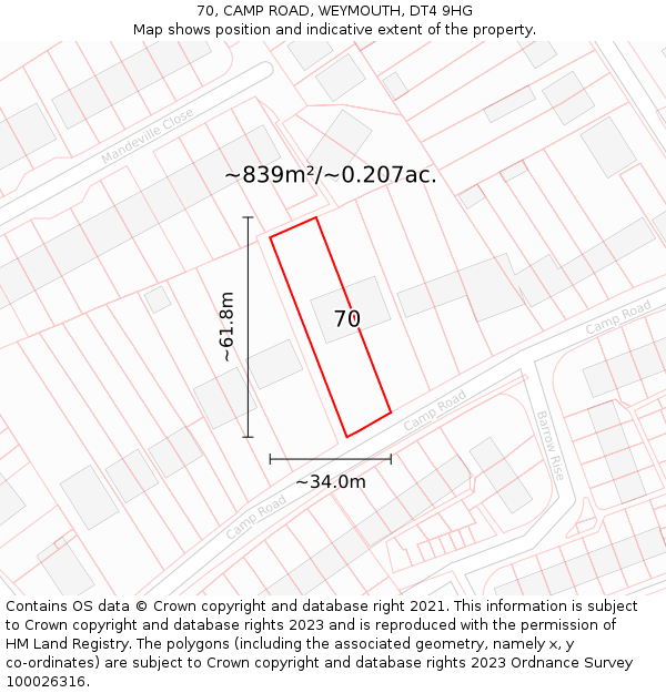 70, CAMP ROAD, WEYMOUTH, DT4 9HG: Plot and title map
