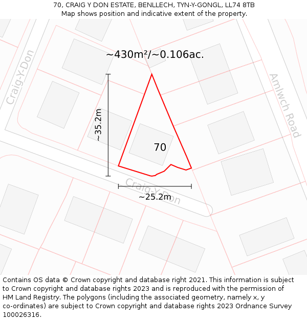 70, CRAIG Y DON ESTATE, BENLLECH, TYN-Y-GONGL, LL74 8TB: Plot and title map