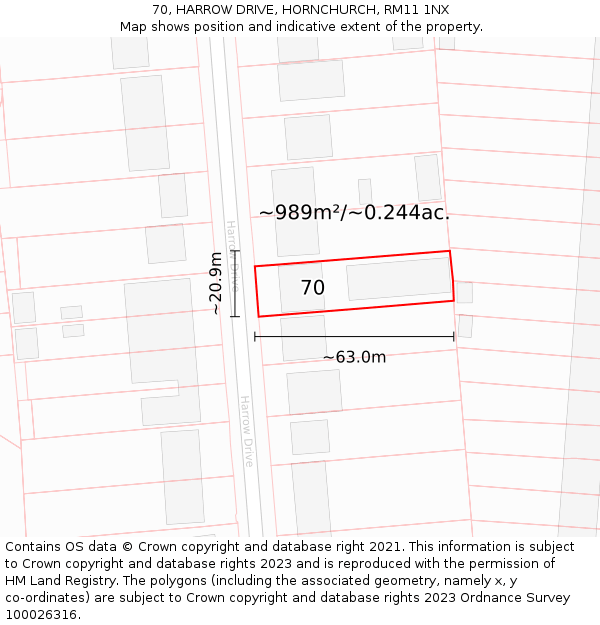 70, HARROW DRIVE, HORNCHURCH, RM11 1NX: Plot and title map