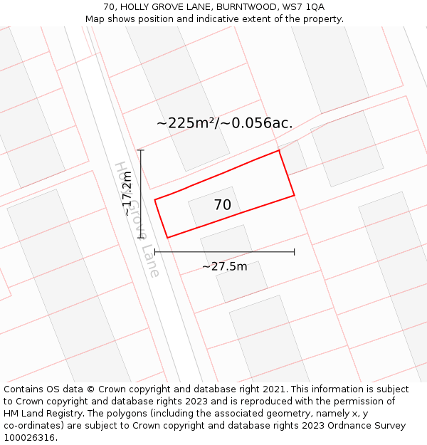 70, HOLLY GROVE LANE, BURNTWOOD, WS7 1QA: Plot and title map