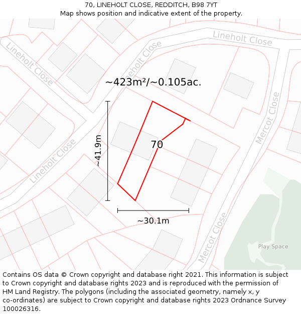 70, LINEHOLT CLOSE, REDDITCH, B98 7YT: Plot and title map