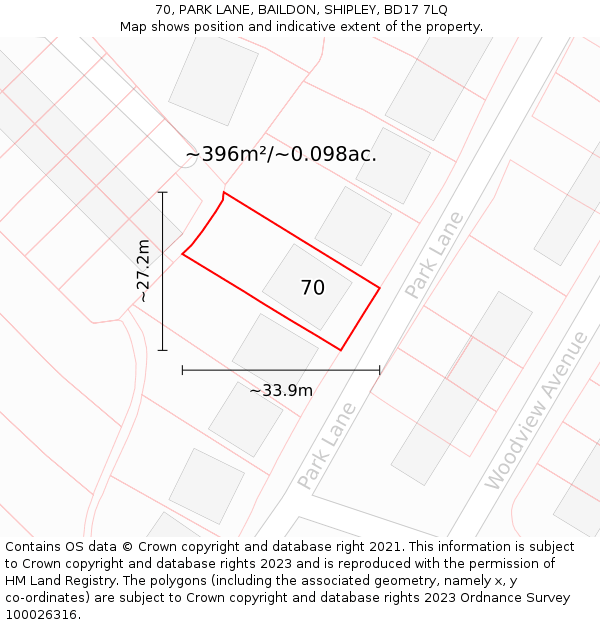 70, PARK LANE, BAILDON, SHIPLEY, BD17 7LQ: Plot and title map