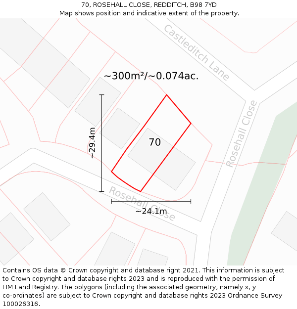 70, ROSEHALL CLOSE, REDDITCH, B98 7YD: Plot and title map