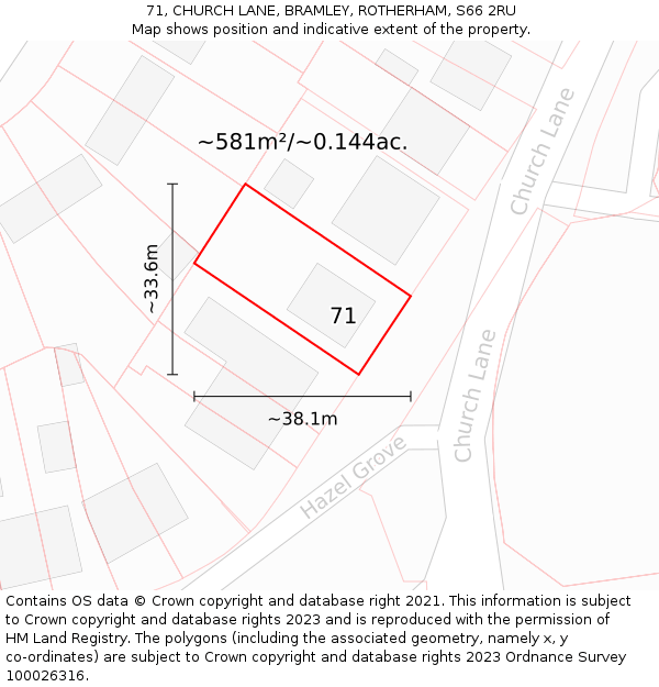 71, CHURCH LANE, BRAMLEY, ROTHERHAM, S66 2RU: Plot and title map