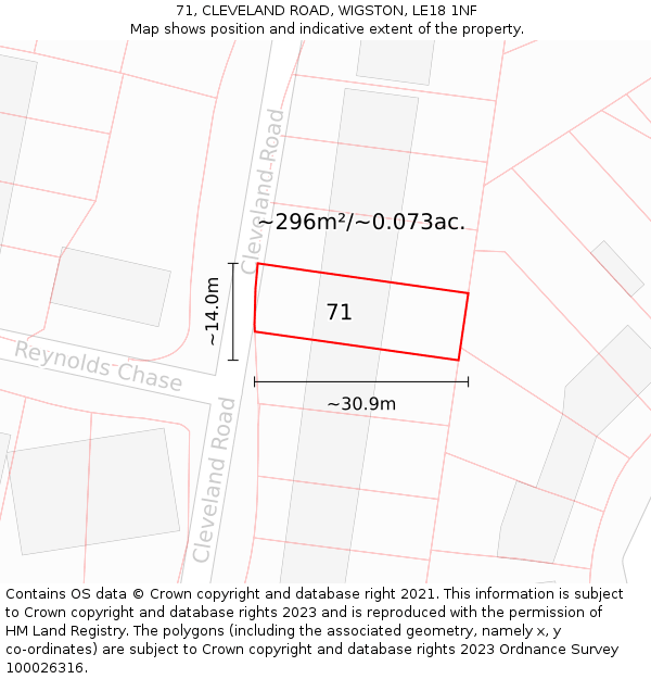 71, CLEVELAND ROAD, WIGSTON, LE18 1NF: Plot and title map