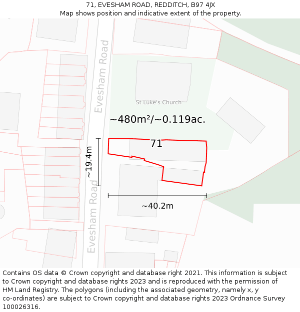 71, EVESHAM ROAD, REDDITCH, B97 4JX: Plot and title map