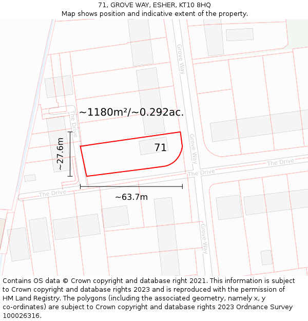 71, GROVE WAY, ESHER, KT10 8HQ: Plot and title map