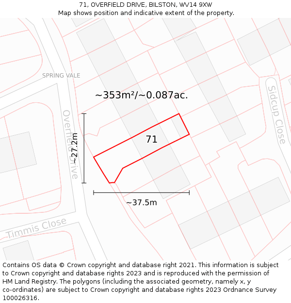 71, OVERFIELD DRIVE, BILSTON, WV14 9XW: Plot and title map
