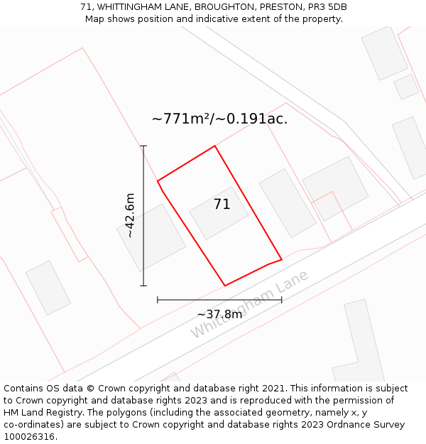 71, WHITTINGHAM LANE, BROUGHTON, PRESTON, PR3 5DB: Plot and title map