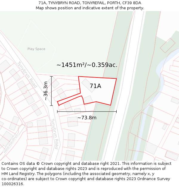 71A, TYNYBRYN ROAD, TONYREFAIL, PORTH, CF39 8DA: Plot and title map