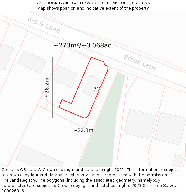 72, BROOK LANE, GALLEYWOOD, CHELMSFORD, CM2 8NN: Plot and title map