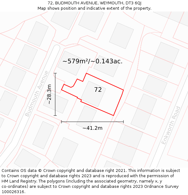 72, BUDMOUTH AVENUE, WEYMOUTH, DT3 6QJ: Plot and title map