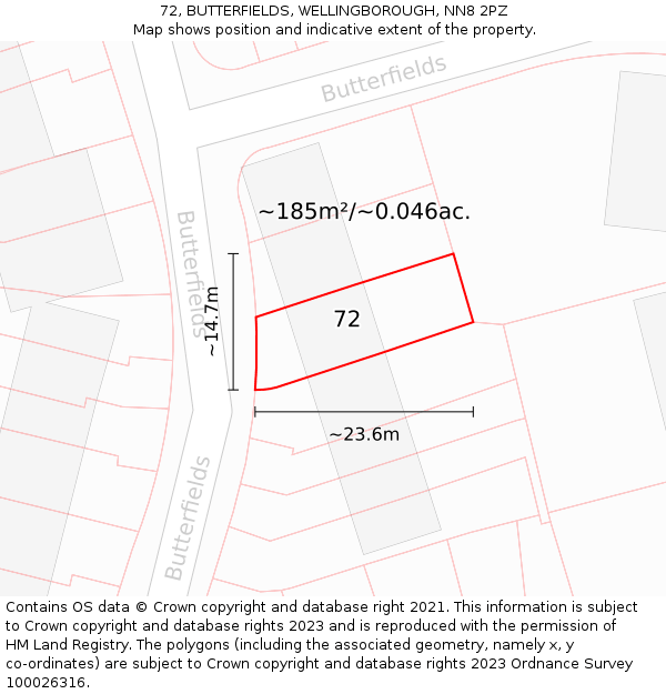 72, BUTTERFIELDS, WELLINGBOROUGH, NN8 2PZ: Plot and title map
