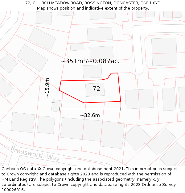 72, CHURCH MEADOW ROAD, ROSSINGTON, DONCASTER, DN11 0YD: Plot and title map