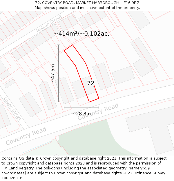 72, COVENTRY ROAD, MARKET HARBOROUGH, LE16 9BZ: Plot and title map