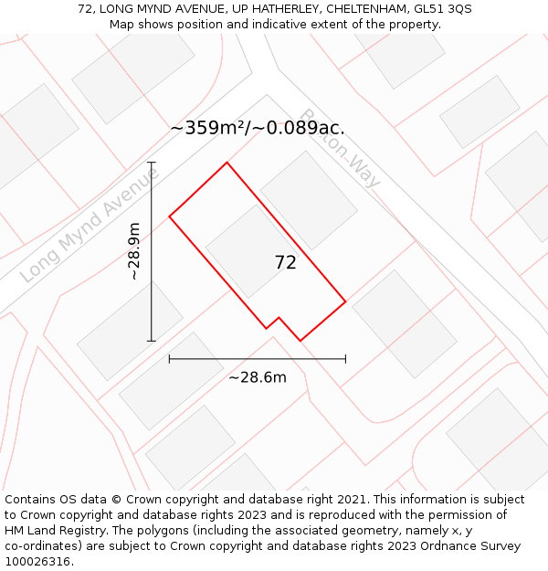 72, LONG MYND AVENUE, UP HATHERLEY, CHELTENHAM, GL51 3QS: Plot and title map