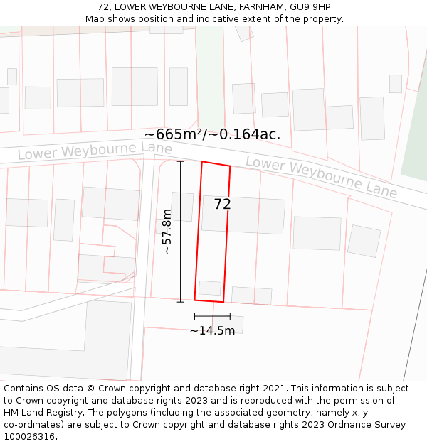 72, LOWER WEYBOURNE LANE, FARNHAM, GU9 9HP: Plot and title map