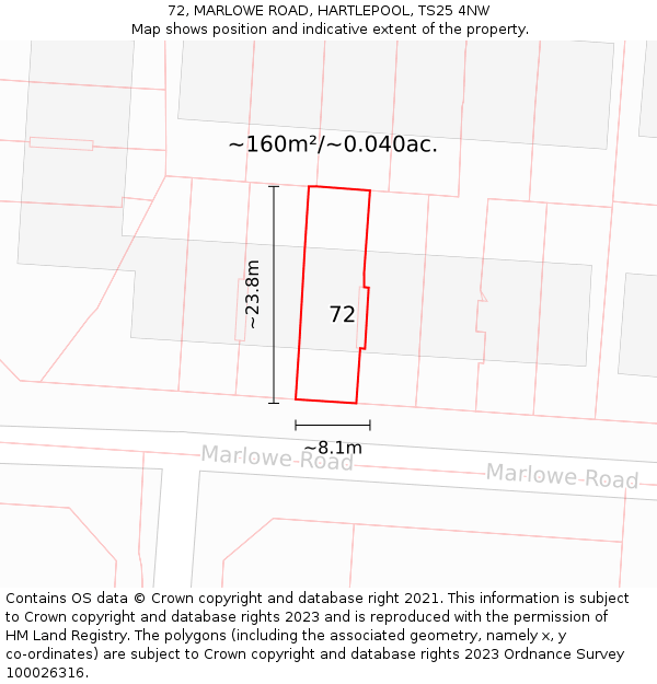 72, MARLOWE ROAD, HARTLEPOOL, TS25 4NW: Plot and title map